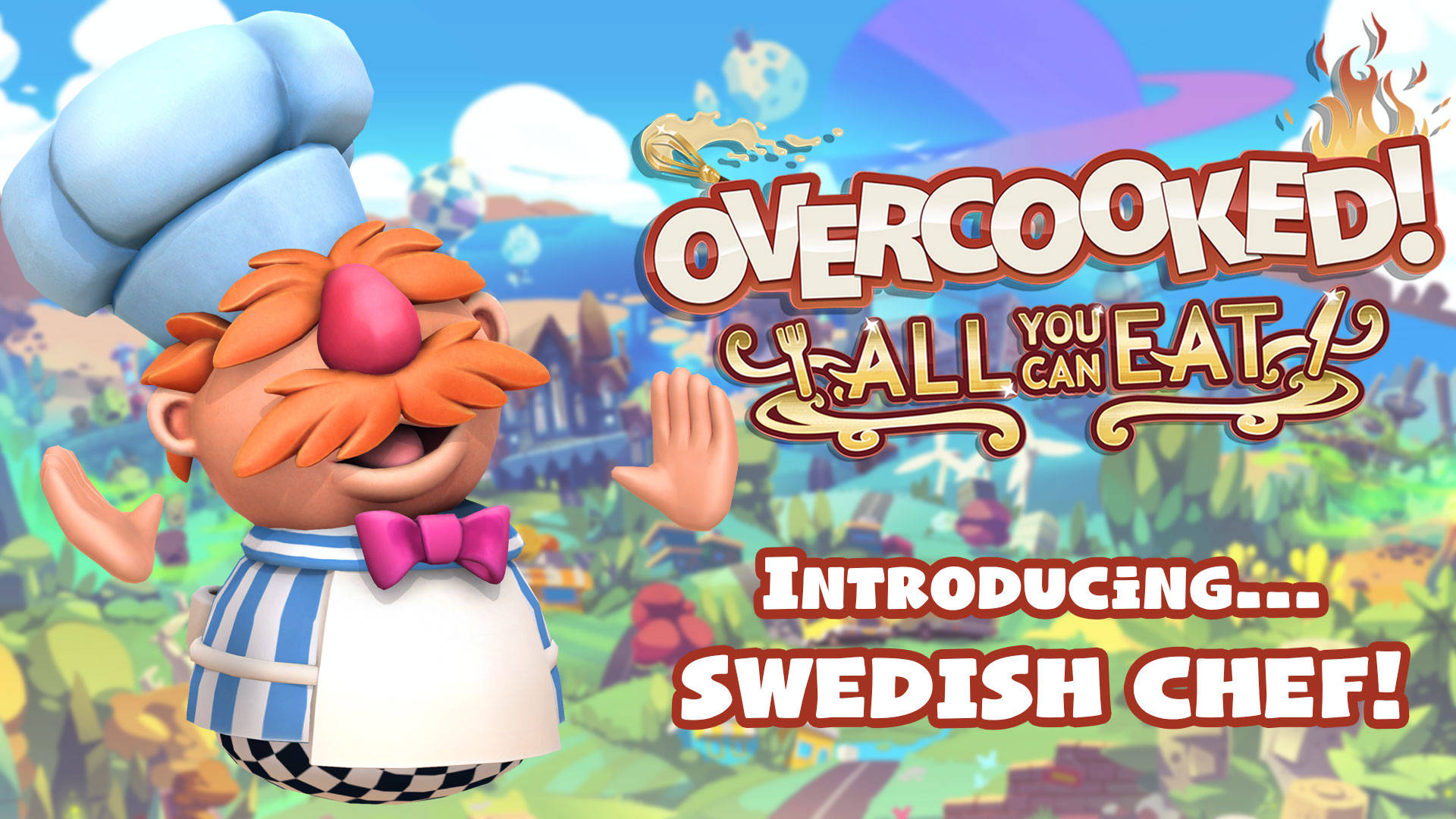 Overcooked 桌布 壁紙 — 一個快樂的卡通瑞典廚師，橙色頭髮和藍色帽子，在充滿活力的遊戲標題場景中揮手。