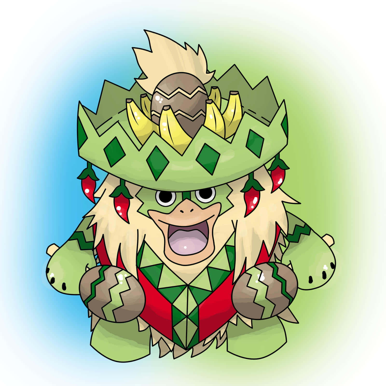 Pokemon Aesthetic 桌布 壁紙 — 一個快樂的卡通生物，戴著綠色葉冠，紅色辣椒，張大嘴巴，背景是柔和的藍綠色漸變。