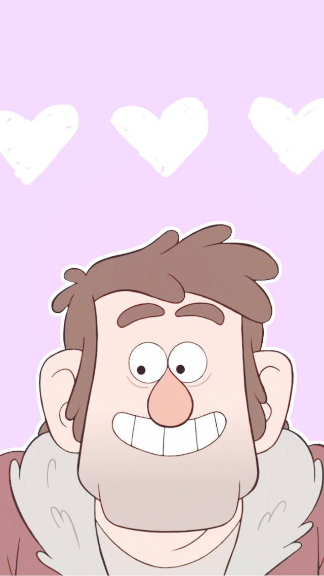 grunkle stan 桌布 壁紙 — 一個快樂的卡通男人，棕色頭髮，咧嘴大笑，在柔和的薰衣草背景上微笑，周圍有漂浮的白色心形。