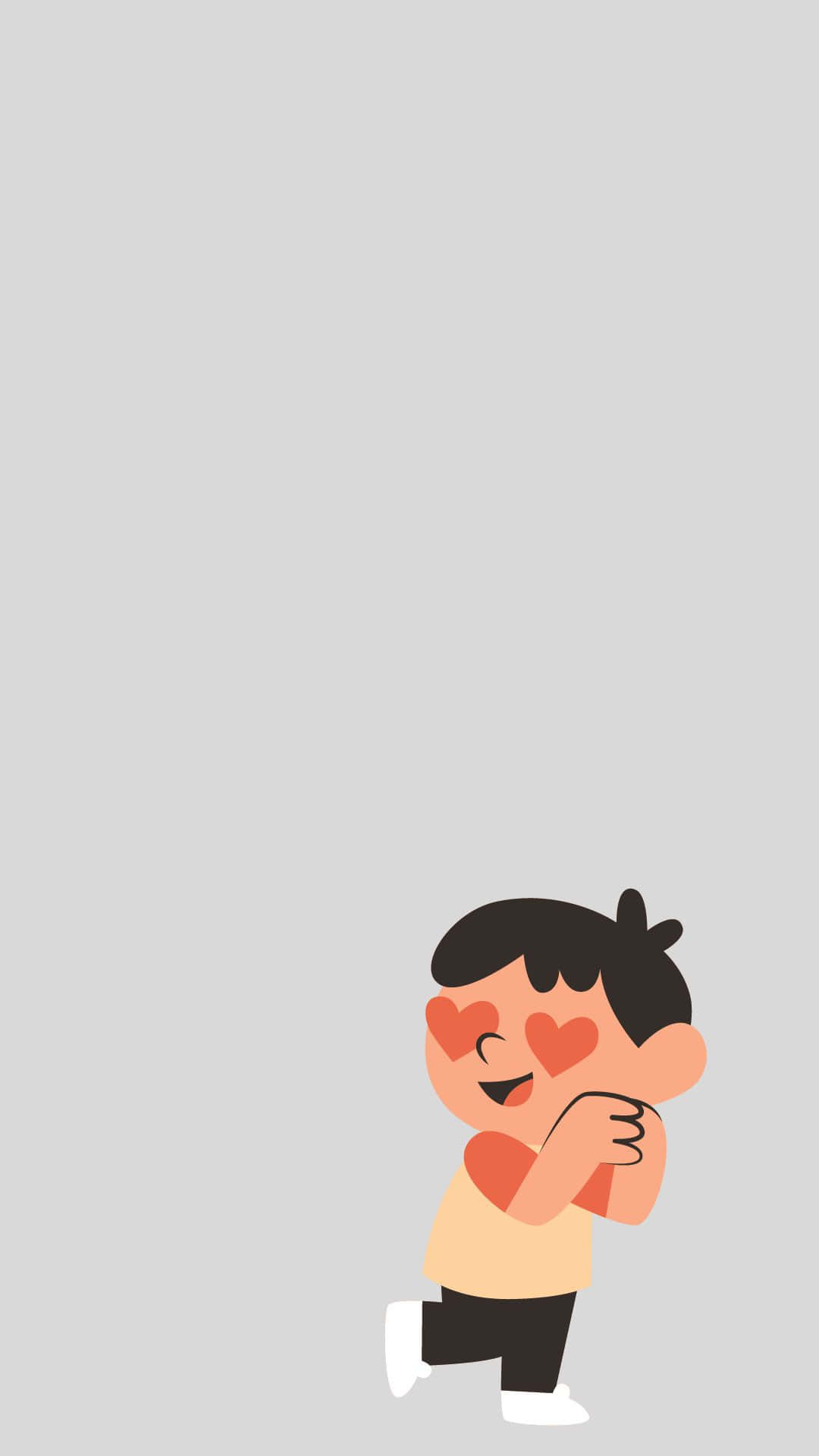Cartoon Boy 桌布 壁紙 — 一個快樂的卡通男孩，有著心形眼睛，在純灰色背景上擁抱自己。