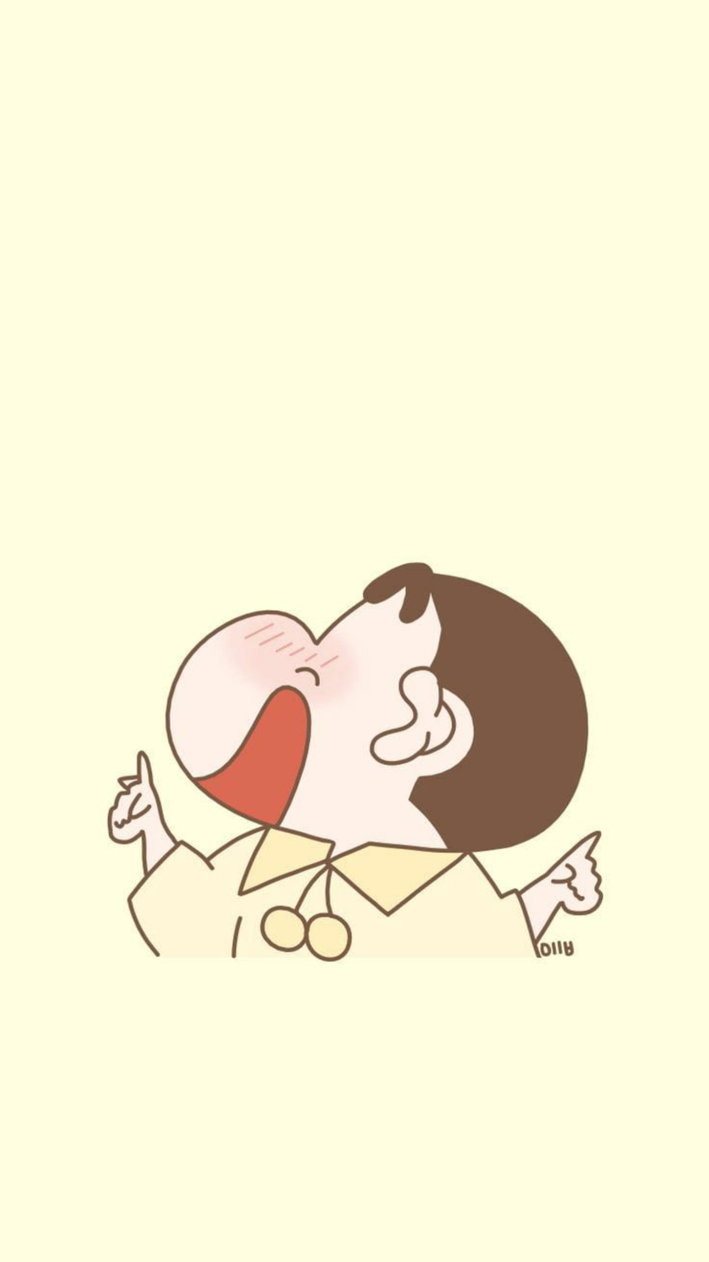 shinchan 桌布 壁紙 — 一個快樂的卡通男孩，棕色頭髮，在淡黃色背景上舉起雙臂開心地大笑。