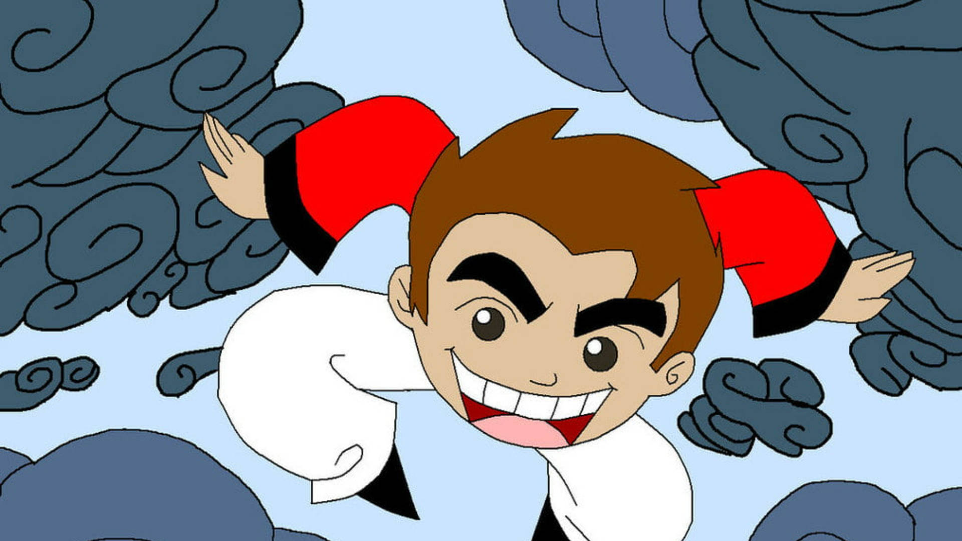 Cartoon 桌布 壁紙 — 一個快樂的卡通男孩，棕色頭髮和紅色袖子，在淺藍色天空的背景下，愉快地飛過旋轉的烏雲。