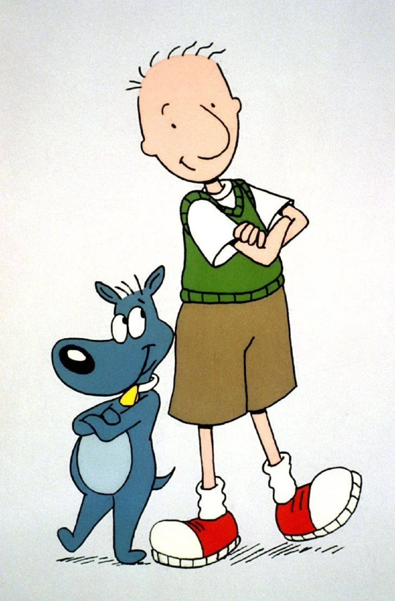 Doug 桌布 壁紙 — 一個快樂的卡通男孩，穿著綠色背心和紅色鞋子，雙臂交叉站在他的藍色狗旁邊，背景是純色。