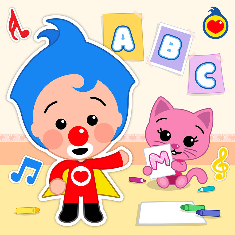 卡通男孩和貓用蠟筆和音符學習字母。 — 小孩動圖 壁紙