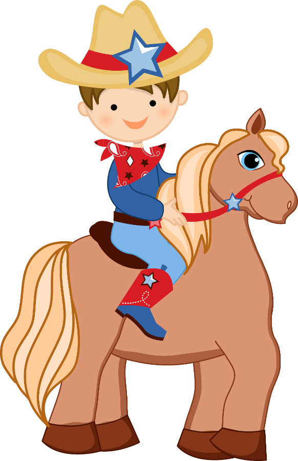Horse Riding 桌布 壁紙 — 一個快樂的卡通男孩穿著牛仔裝備，騎著一匹帶有星星裝飾的淺棕色馬，背景為黑色。