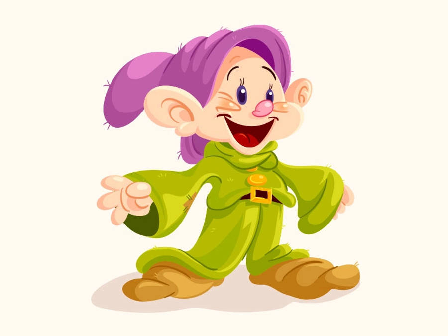 Dopey 桌布 壁紙 — 一個快樂的卡通矮人，戴著紫色帽子，穿著綠色長袍，雙手比劃，咧嘴大笑。