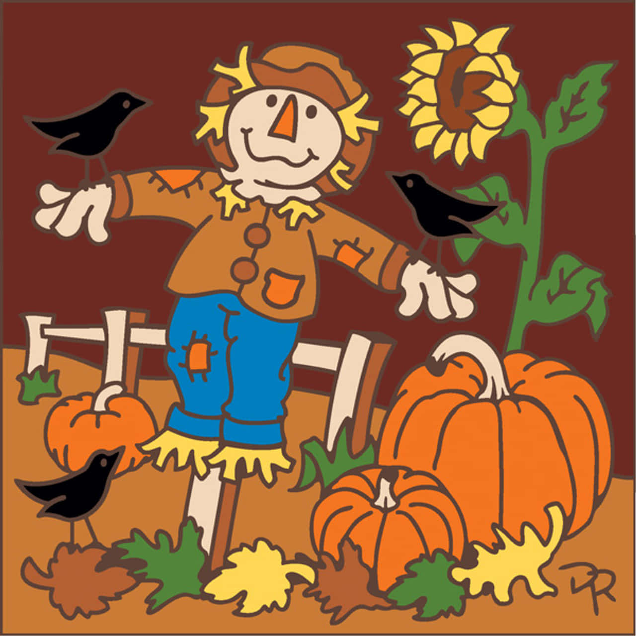 Fall Scarecrow 桌布 壁紙 — 一個快樂的卡通稻草人站在南瓜田裡，有向日葵和黑鳥，背景是深紅色。