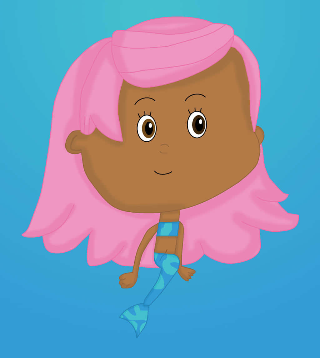 Bubble Guppies 桌布 壁紙 — 一個快樂的卡通美人魚，粉紅色頭髮和藍色尾巴，在純藍色背景上開心地游泳。