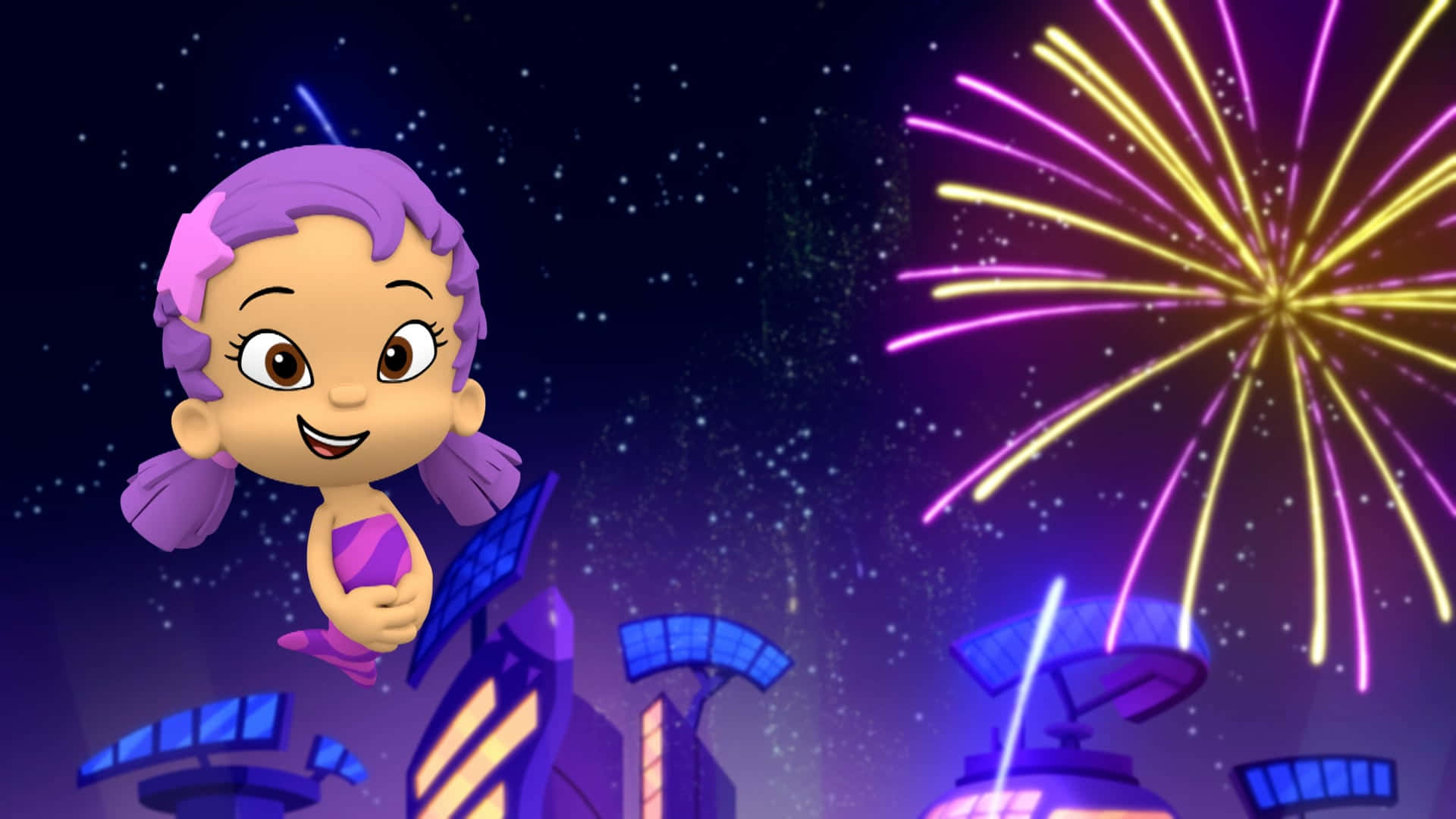 Bubble Guppies 桌布 壁紙 — 一個快樂的卡通美人魚，紫色頭髮，漂浮在未來城市上空，色彩繽紛的煙火在夜空中爆炸。