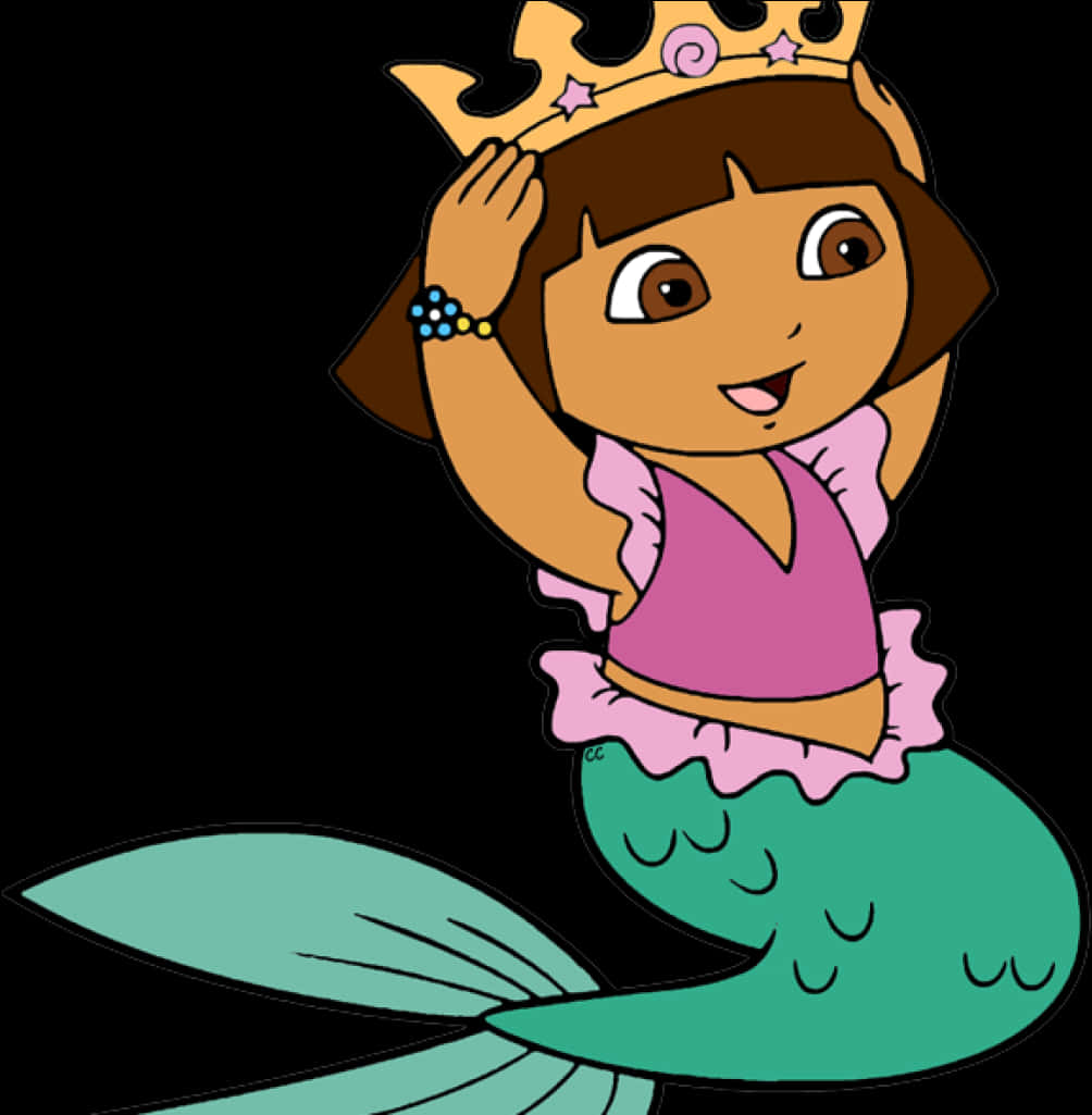 Dora 桌布 壁紙 — 一個快樂的卡通美人魚女孩，棕色頭髮戴著皇冠，在黑色背景上開心地揮手。
