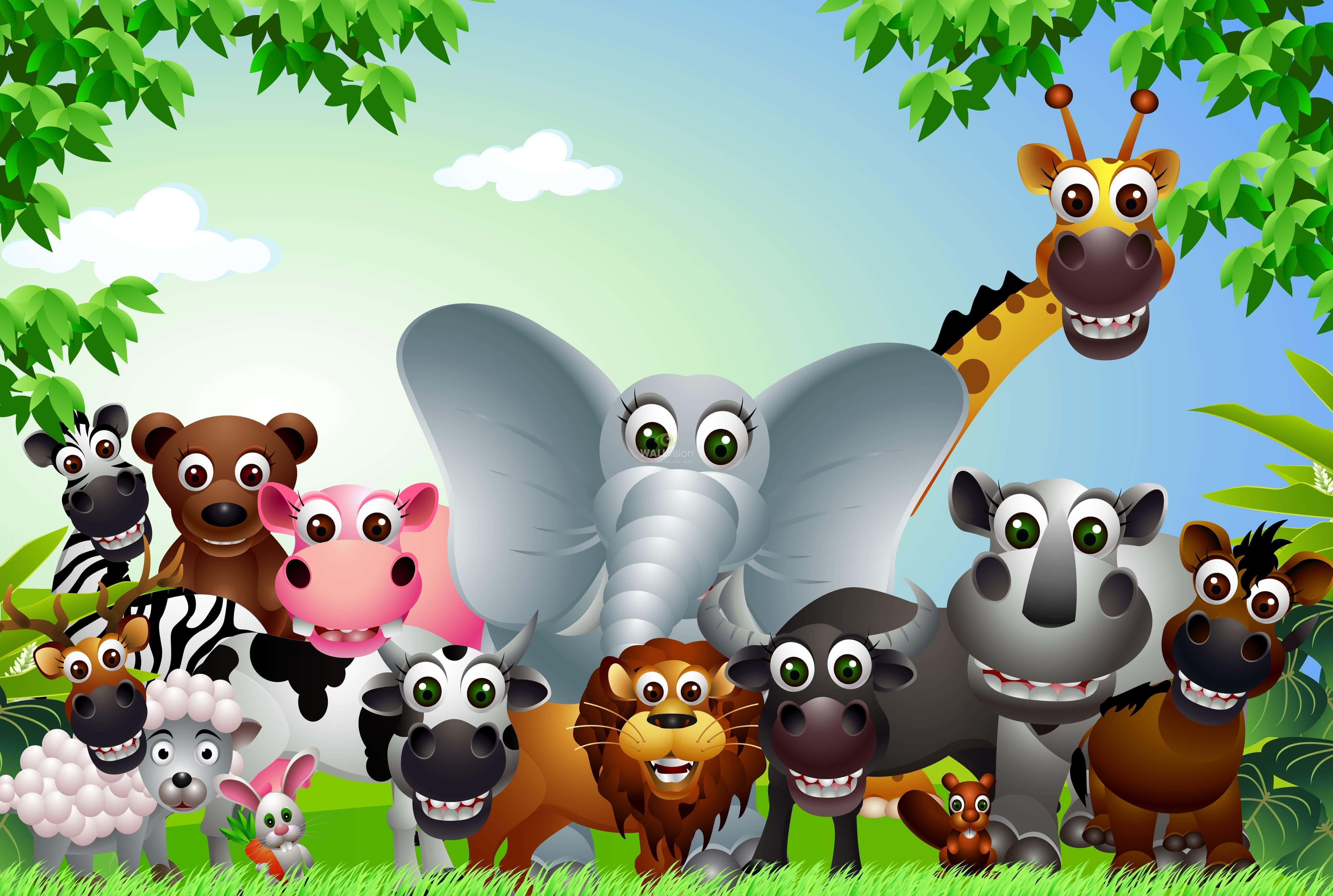 Cartoon Animal 桌布 壁紙 — 一個快樂的卡通群體，由多種叢林動物組成，在陽光明媚的日子裡，在綠葉樹下一起微笑。
