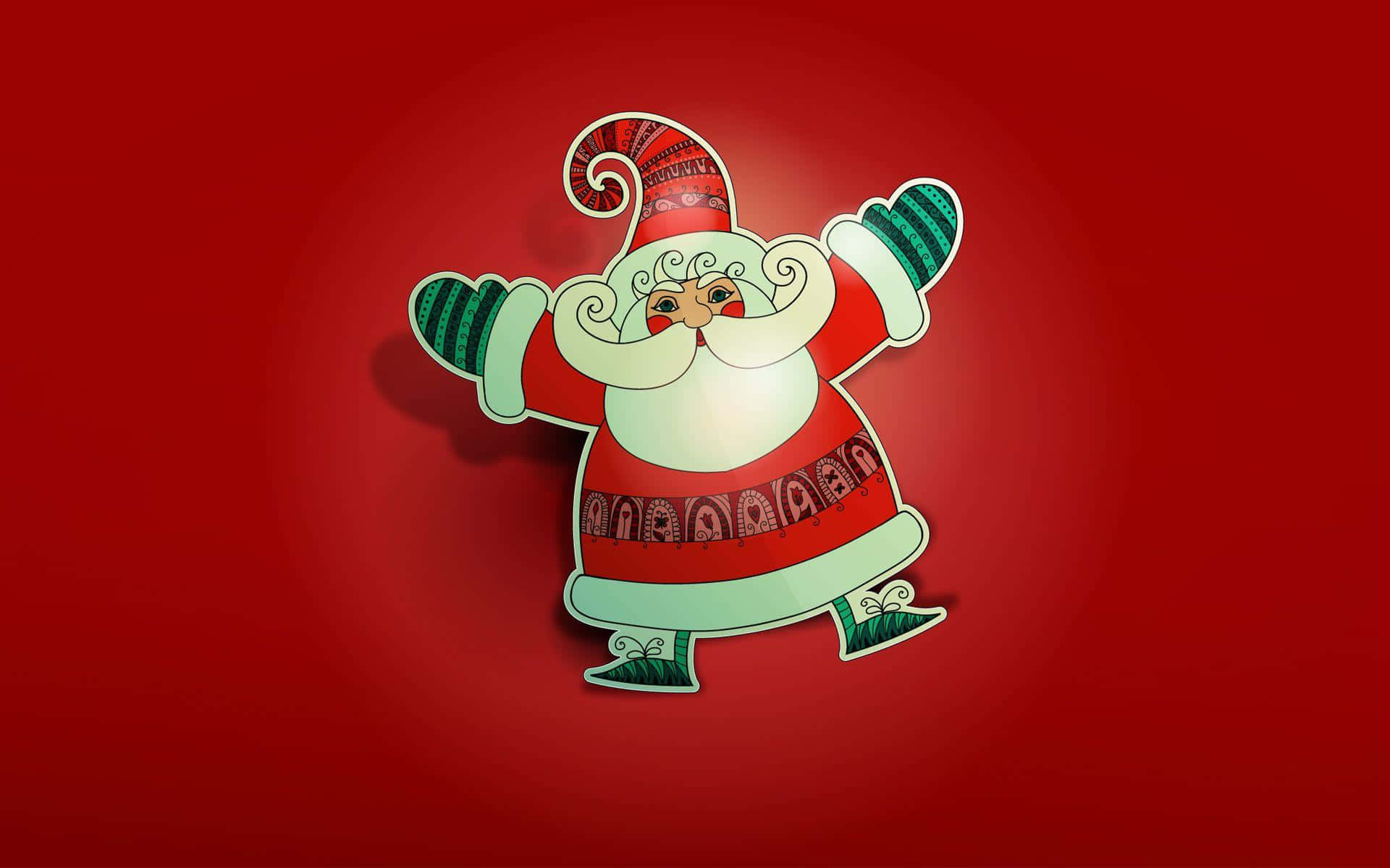 Santa Claus HD 桌布 壁紙 — 一個快樂的卡通聖誕老人，有著旋轉的鬍鬚和圖案帽子，在鮮豔的紅色背景前歡快地跳舞。