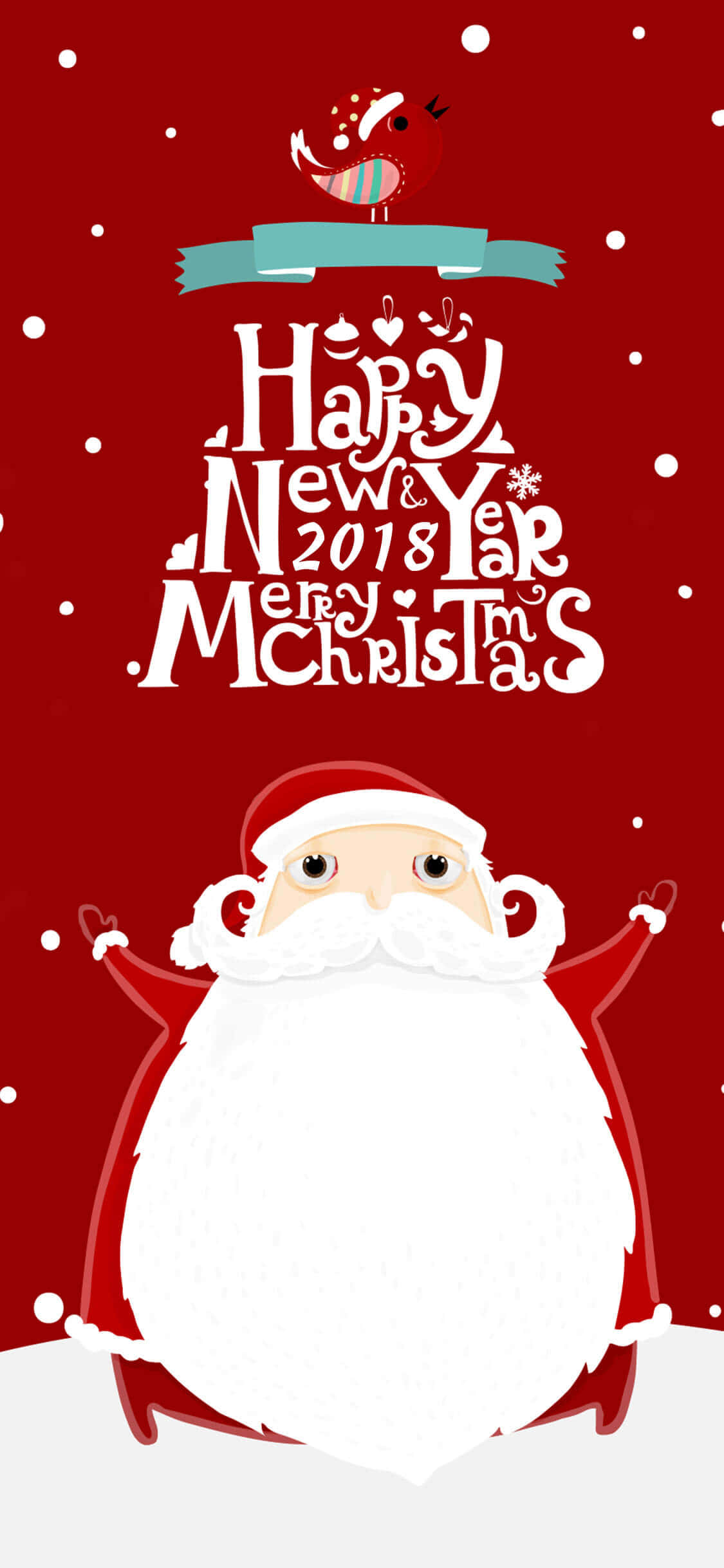 Santa 桌布 壁紙 — 一個快樂的卡通聖誕老人，留著大把白鬍子，站在節日白色文字 'Happy New Year 2018 Merry Christmas' 下方，背景為紅色，有飄落的雪花和上方棲息的小鳥。