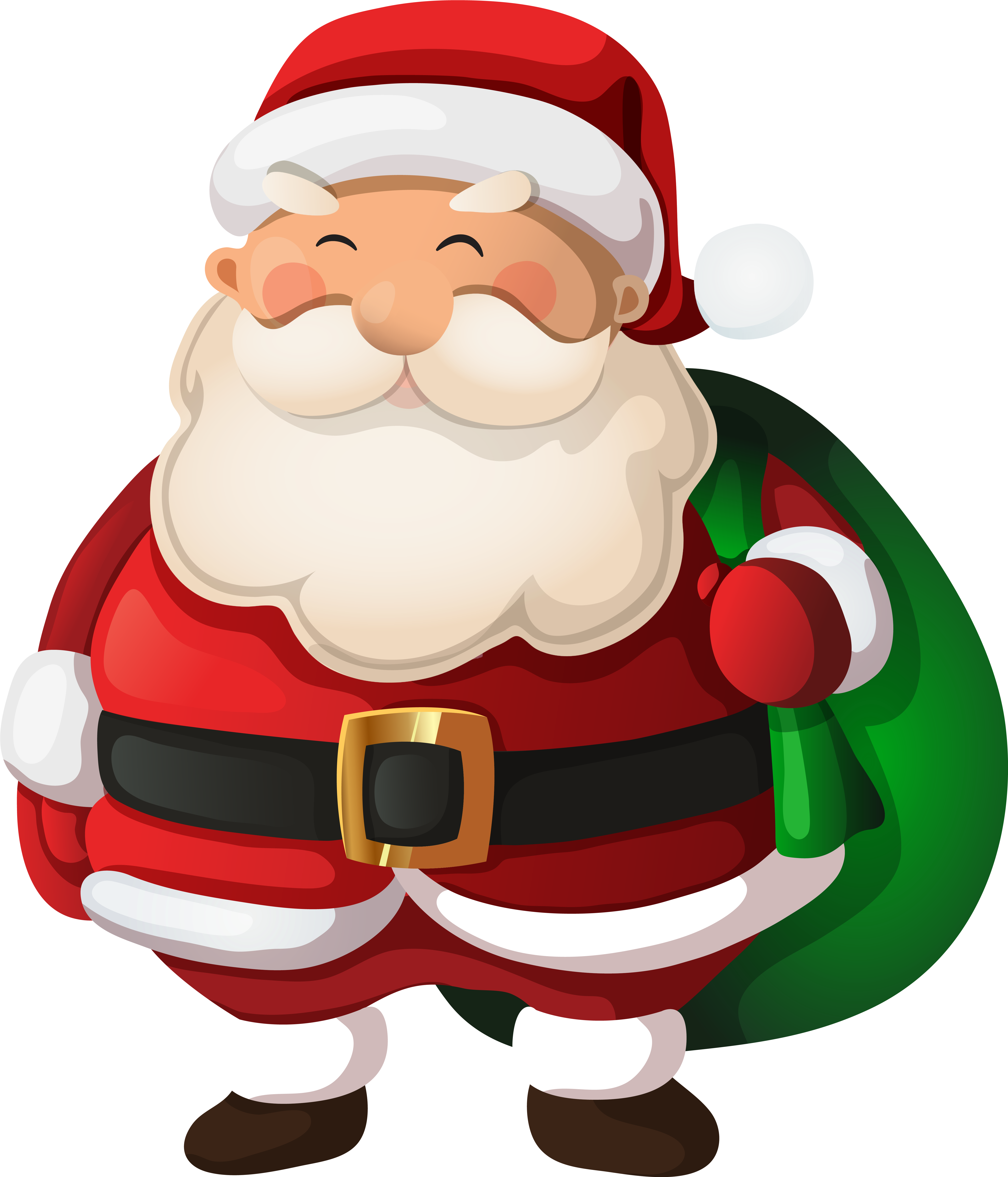 Santa Claus 桌布 壁紙 — 一個快樂的卡通聖誕老人，白鬍鬚，紅衣服，在黑色背景前拿著一個綠色袋子。