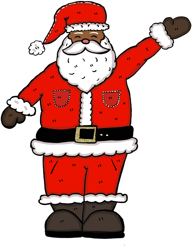 Santa Claus 桌布 壁紙 — 一個快樂的卡通聖誕老人，身穿紅色衣服，配有白色飾邊和金色扣環，在黑色背景前開心地揮手。