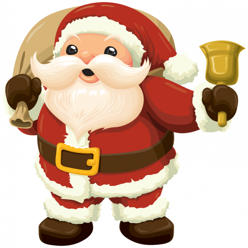 Santa Claus 桌布 壁紙 — 一個快樂的卡通聖誕老人，身穿紅色白邊套裝，手持兩個金色鈴鐺，肩上背著一個袋子。