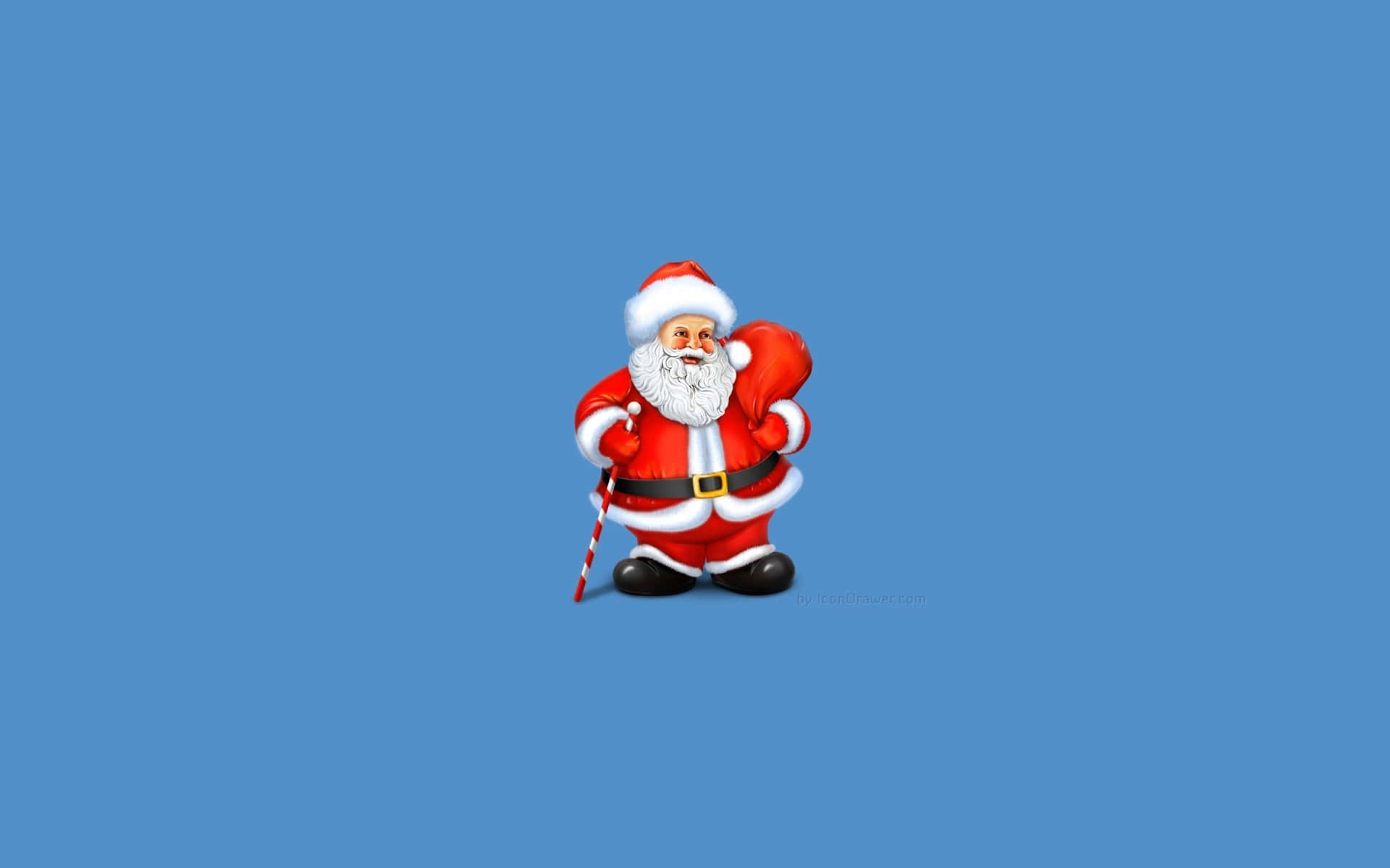 Funny Holiday Desktop 桌布 壁紙 — 一個快樂的卡通聖誕老人，身穿紅色西裝，拿著一個袋子和一根手杖，背景為純藍色。