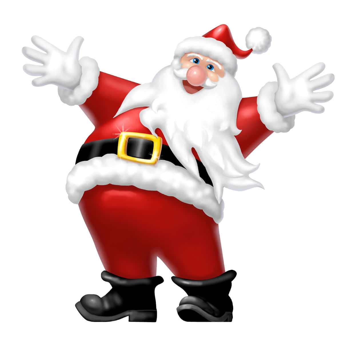 Santa 桌布 壁紙 — 一個快樂的卡通聖誕老人，身穿經典紅色套裝，白色鬍鬚和黑色靴子，在純白色背景上愉快地揮手。