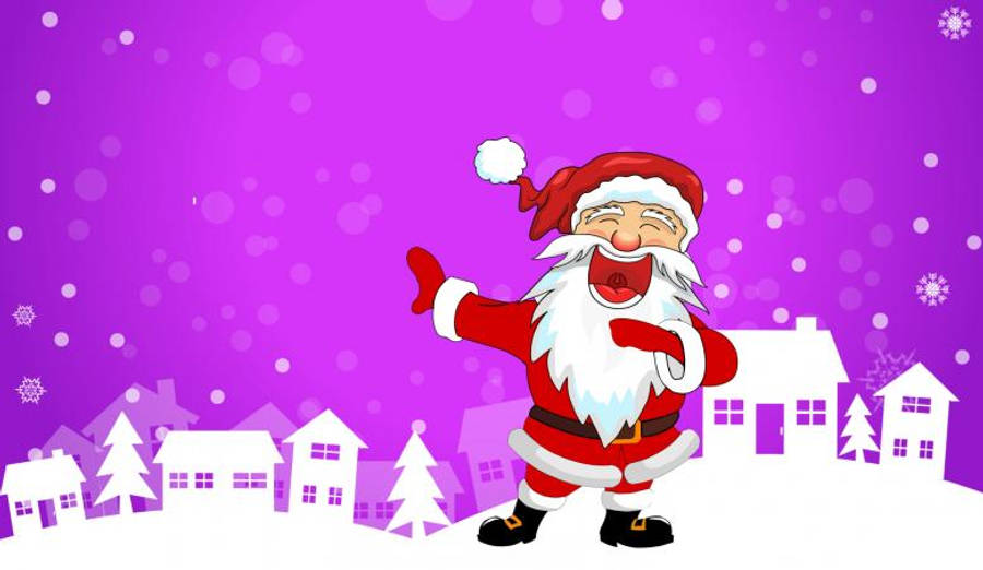 Santa Claus 桌布 壁紙 — 一個快樂的卡通聖誕老人在充滿活力的紫色雪景背景下，伴隨著白色的房屋和飄落的雪花，歡快地跳舞。