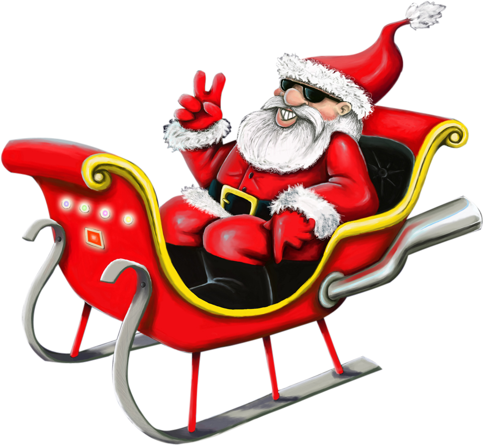 Clip Art 桌布 壁紙 — 一個快樂的卡通聖誕老人坐在紅色雪橇上，雪橇有黃色飾邊，戴著太陽眼鏡，在黑色背景前比出和平手勢。