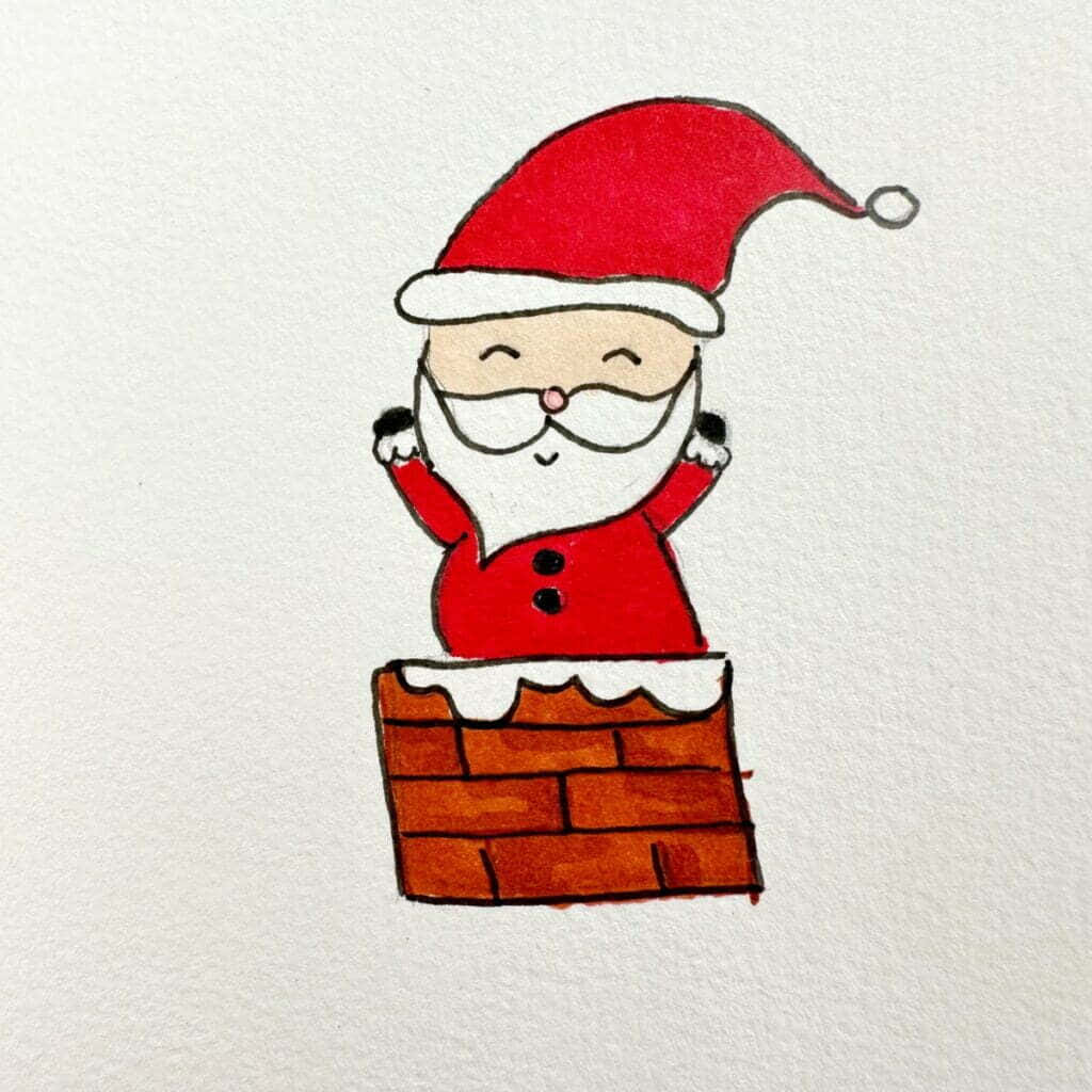 聖誕節 桌布 壁紙 — 一個快樂的卡通聖誕老人從磚砌煙囪中探出頭來，煙囪邊緣有積雪，以簡單的水彩風格愉快地揮手。
