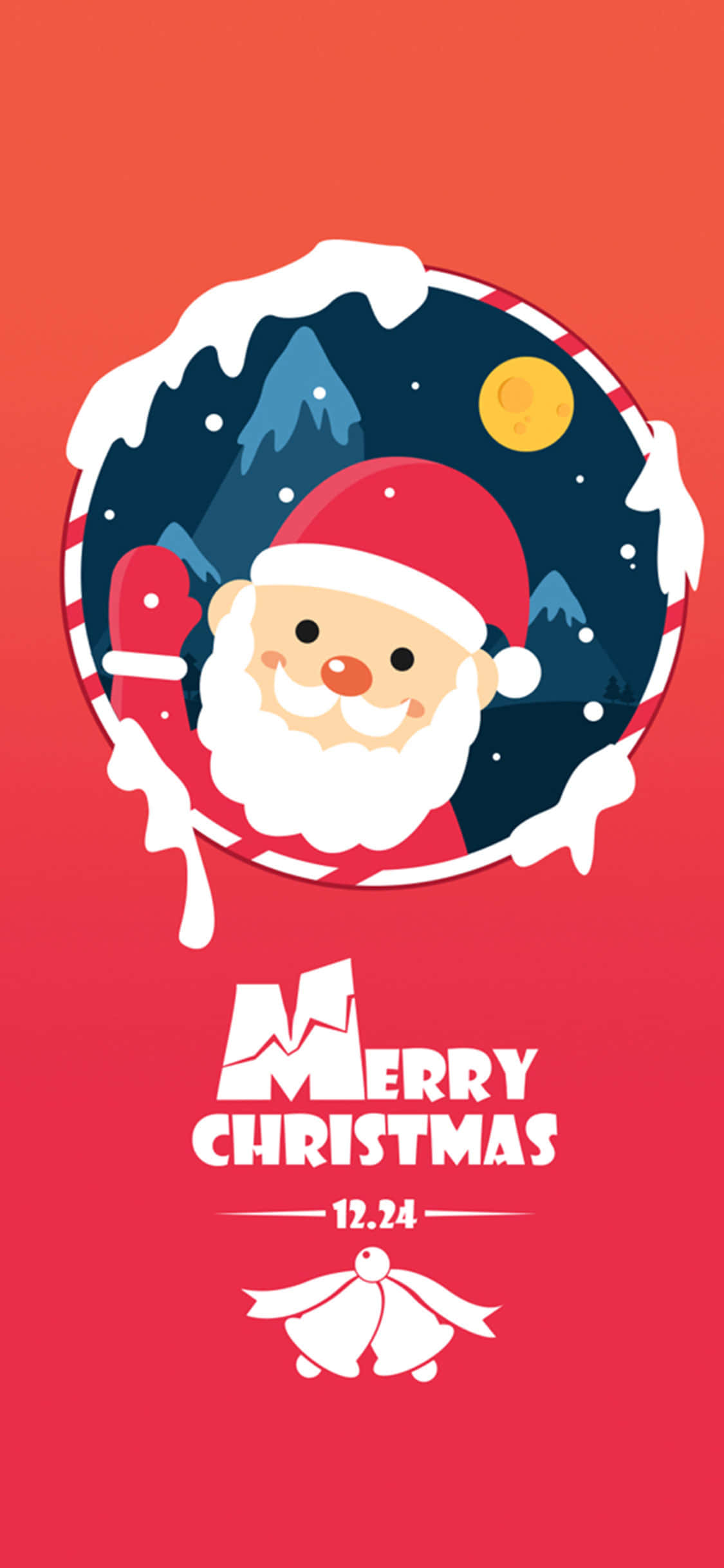 Red Christmas iPhone 桌布 壁紙 — 一個快樂的卡通聖誕老人從糖果杖框架中窺視，背景是白雪皚皚的山脈，在鮮紅色的背景上。