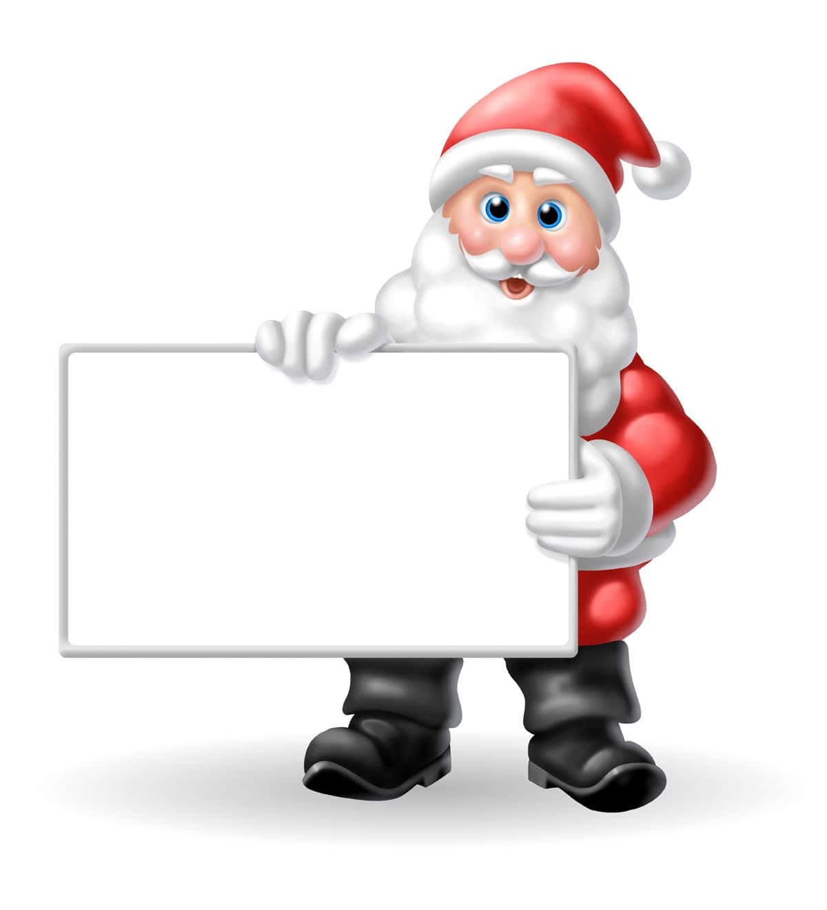 Santa 桌布 壁紙 — 一個快樂的卡通聖誕老人拿著一個空白白色標誌，背景是純白色。
