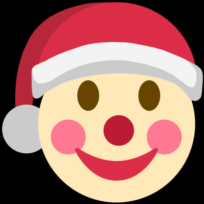 Clown Emoji 桌布 壁紙 — 一個快樂的卡通臉，戴著紅色聖誕帽，粉紅色的臉頰，在黑色背景上露出燦爛的笑容。