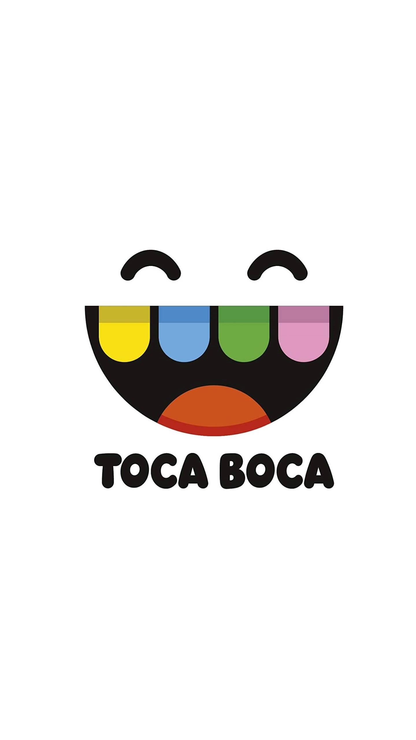 Toca 桌布 壁紙 — 一個快樂的卡通臉孔，帶有彩虹色的牙齒和微笑的眼睛，背景為白色。