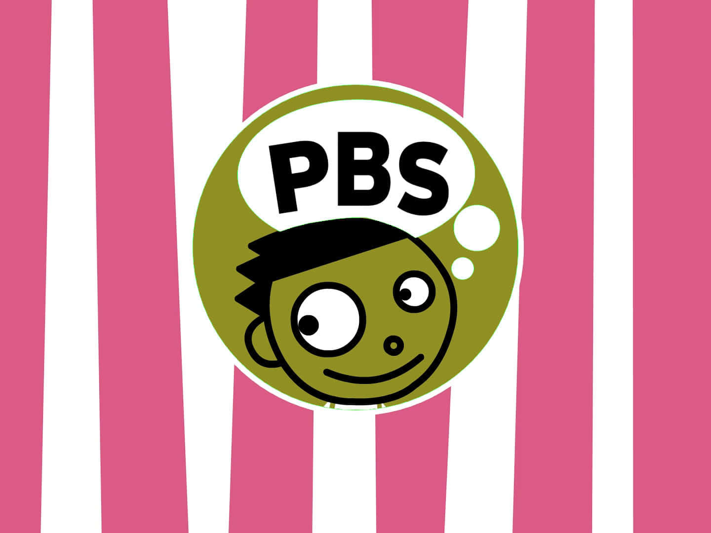 pbs kids 桌布 壁紙 — 一個快樂的卡通臉孔，帶有讀著PBS的思考泡泡，背景是粉紅和白色垂直條紋。