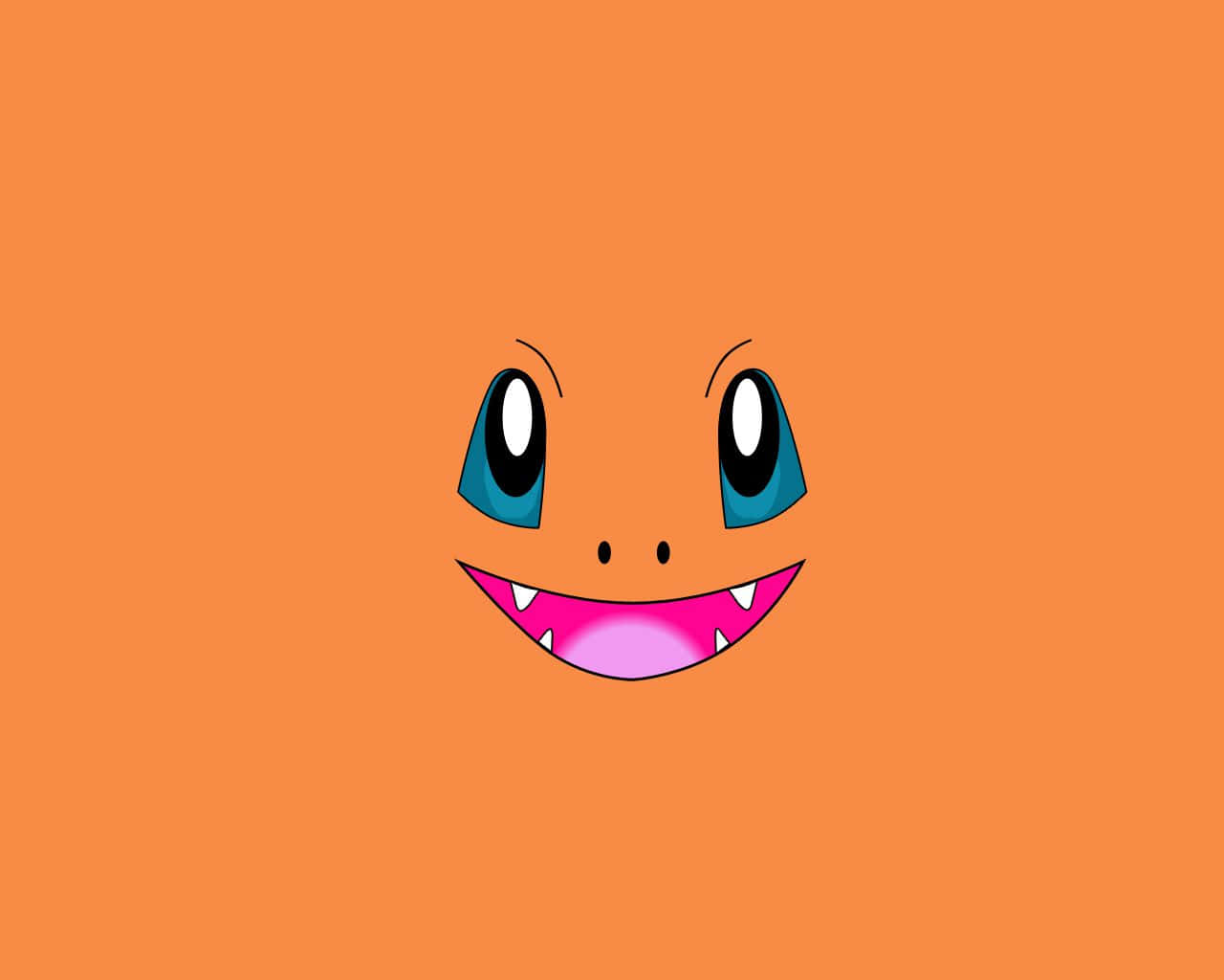 Cute Charmander 桌布 壁紙 — 一個快樂的卡通臉孔，藍色眼睛，寬闊的粉紅色露齒笑容，背景為純橙色。