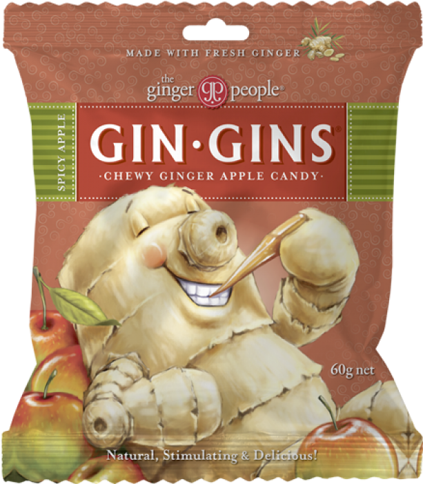 Gin 桌布 壁紙 — 一個快樂的卡通薑根角色，拿著一根糖果棒，被蘋果包圍在一個品牌糖果包裝上。