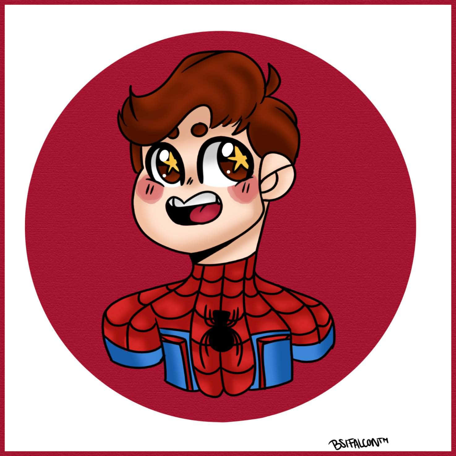 Marvel Profile 桌布 壁紙 — 一個快樂的卡通蜘蛛人，有著星星眼睛，在深紅色圓形背景上燦爛微笑。