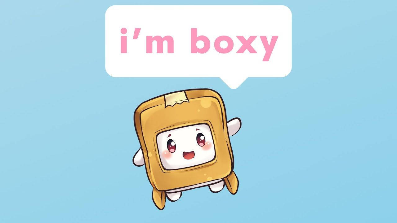 Lankybox 桌布 壁紙 — 一個快樂的卡通角色，形狀像一個金色的盒子，帶著笑臉，在淺藍色背景上漂浮，說著我是boxy。