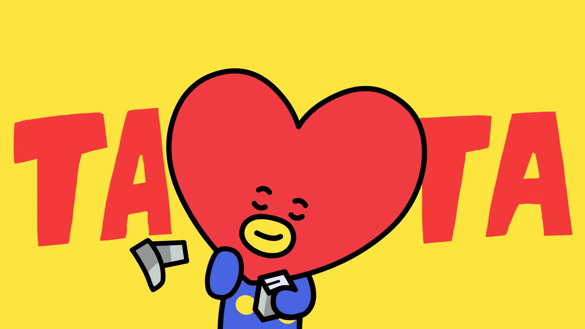 塔塔 BT21 桌布 壁紙 — 一個快樂的卡通角色，形狀像一顆紅心，在明亮的黃色背景上開心地揮手，並帶有粗體的紅色文字。