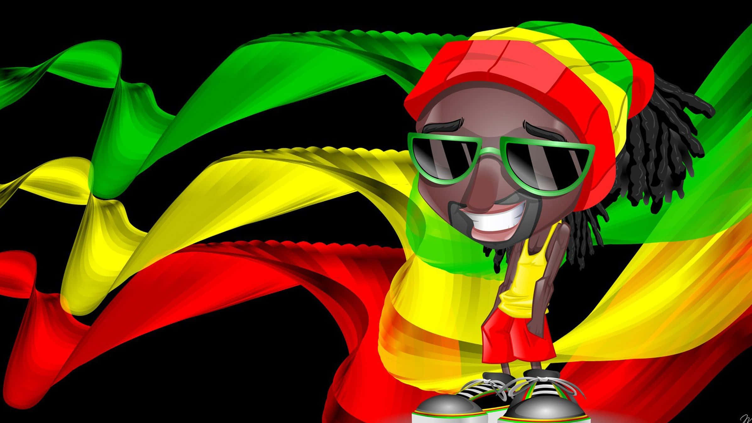 Rasta 桌布 壁紙 — 一個快樂的卡通角色，戴著紅黃綠色的拉斯特法里帽子和太陽眼鏡，在黑色背景前隨著飄揚的旗幟絲帶跳舞。