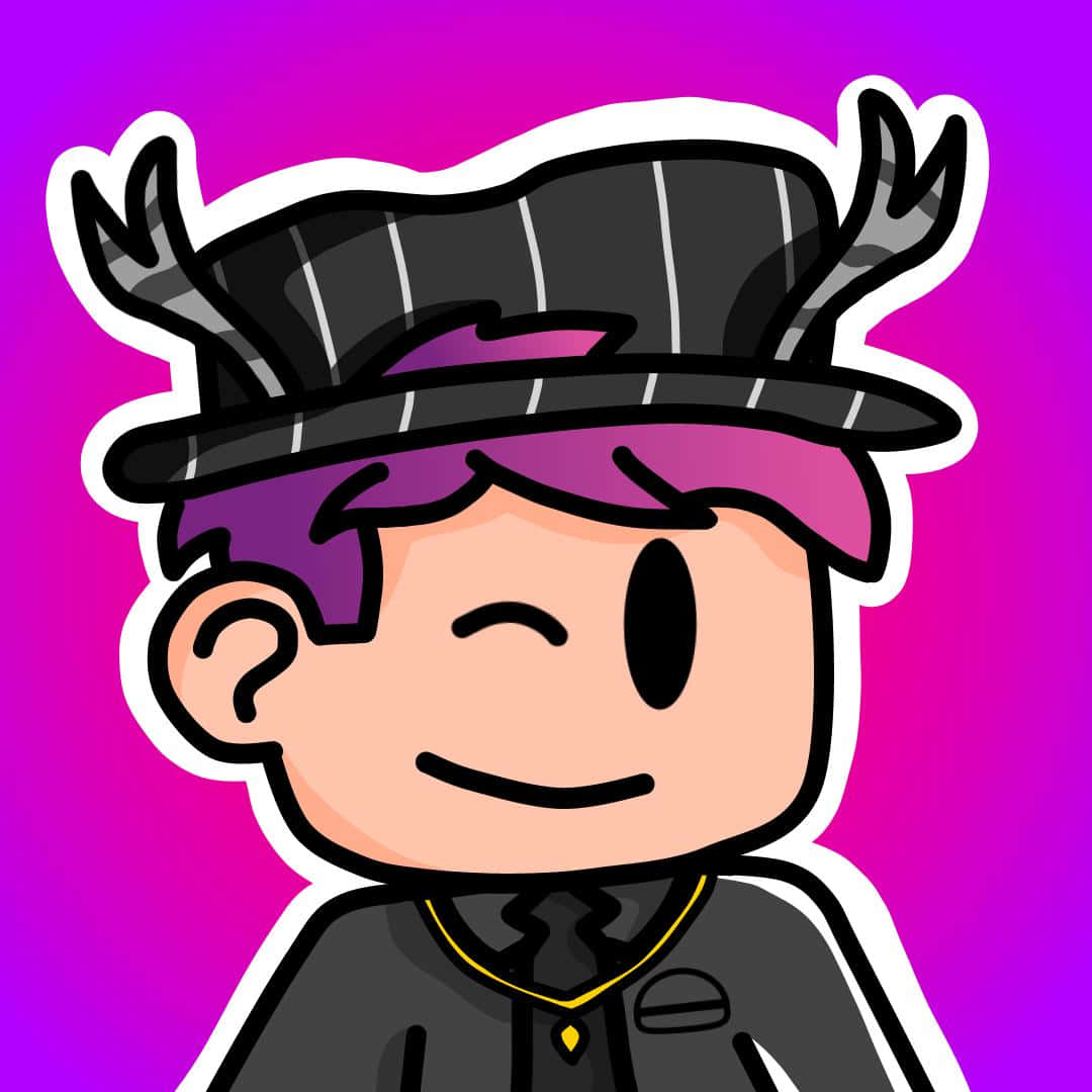 Roblox 桌布 壁紙 — 一個快樂的卡通角色，擁有紫色頭髮和鹿角，戴著條紋高頂帽，背景是鮮豔的粉紅色。