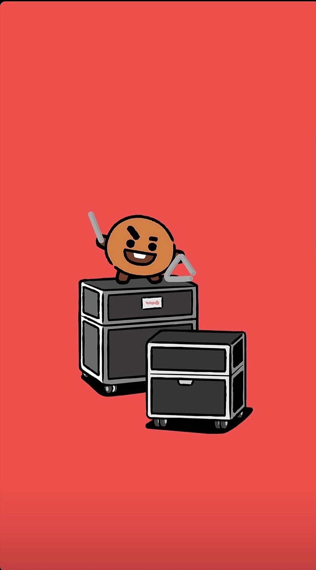 shooky bt21 桌布 壁紙 — 一個快樂的卡通角色，有著圓形棕色頭部和憤怒的眉毛，坐在黑色文件櫃上，背景為純紅色。