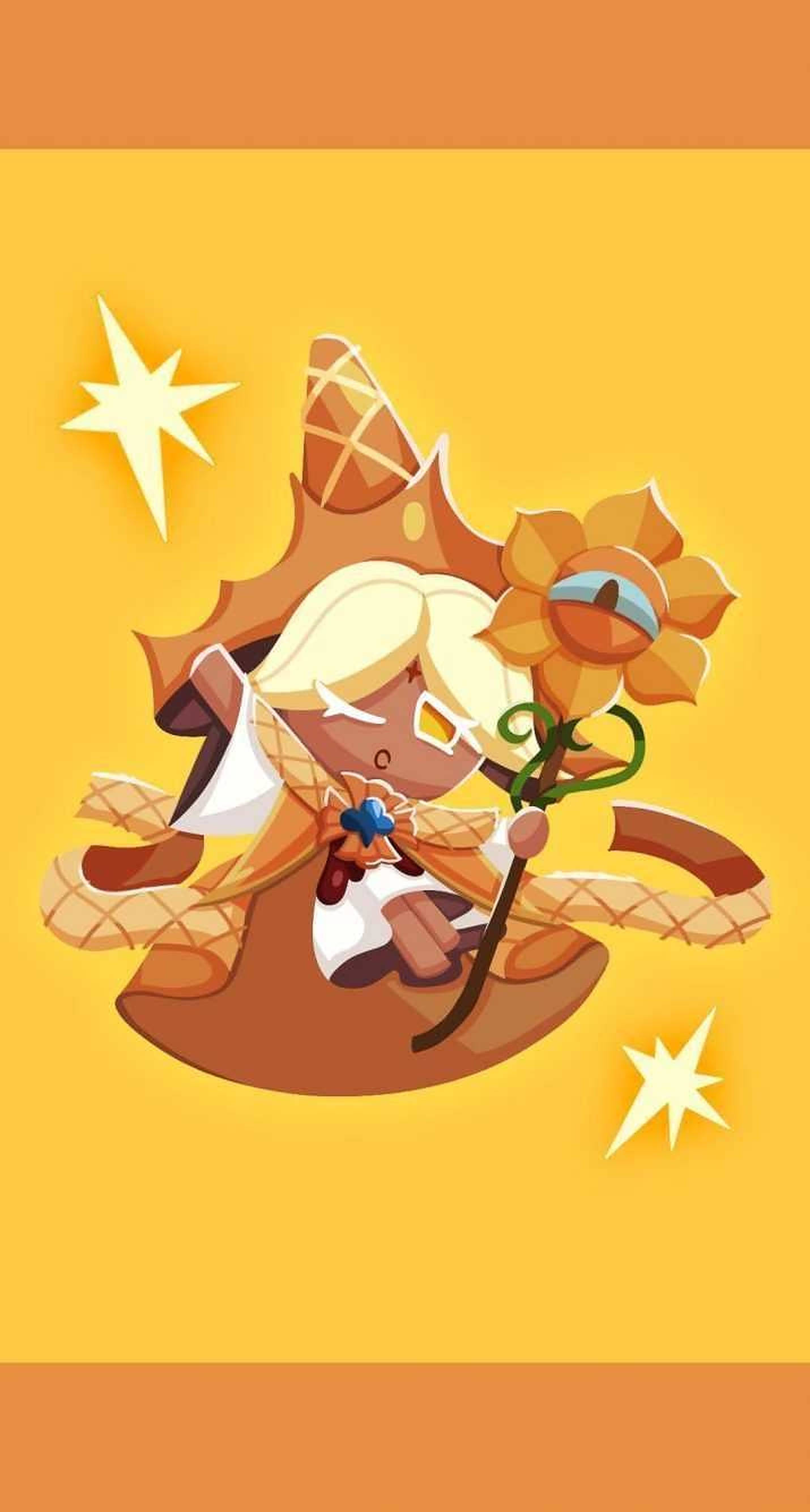 Cookie Run 桌布 壁紙 — 一個快樂的卡通角色，金髮戴著向日葵帽，在溫暖的黃色背景上手持權杖，背景有閃爍的星星。