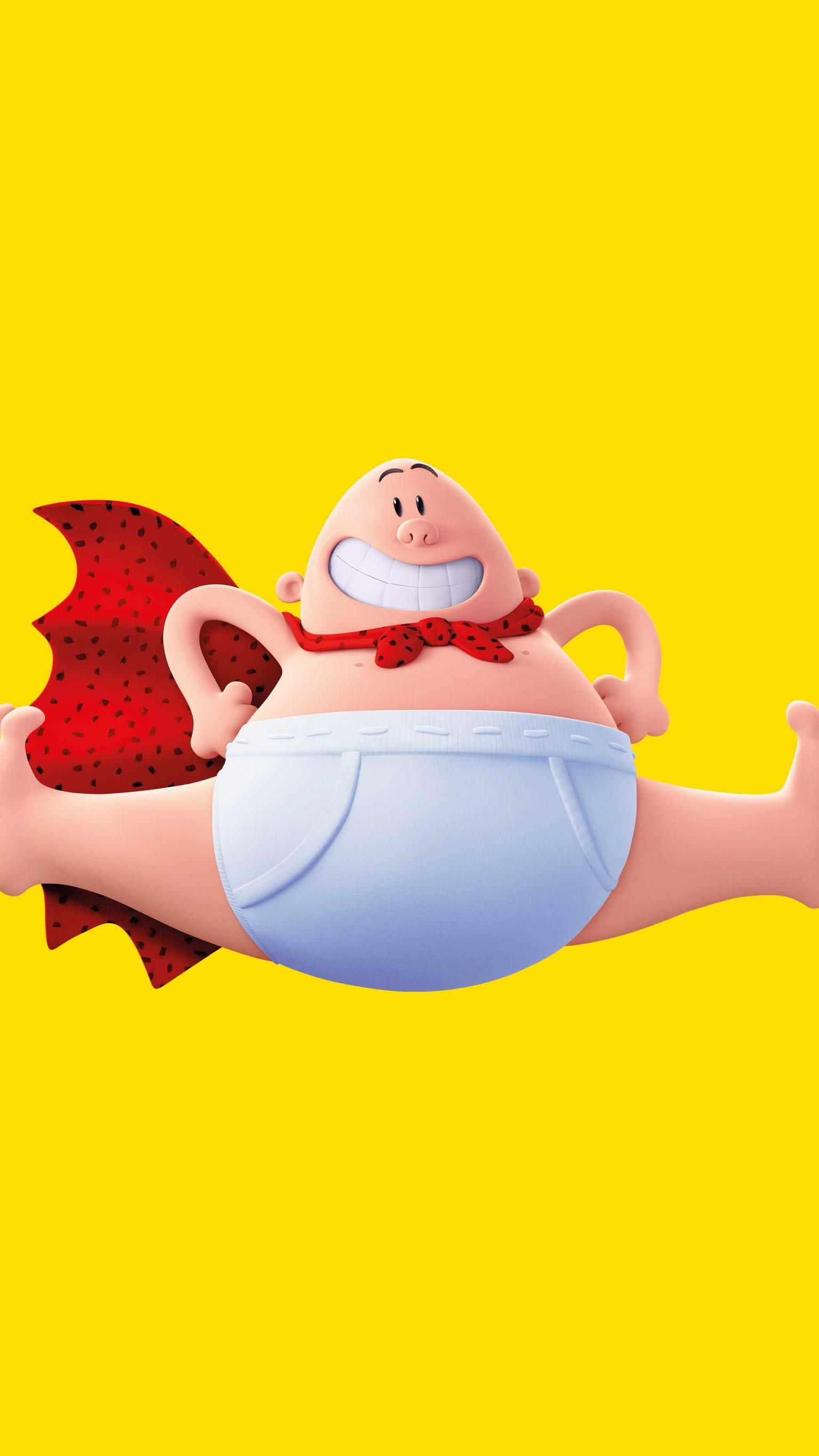 Animated 桌布 壁紙 — 一個快樂的卡通超級英雄穿著尿布和紅色斗篷，在明亮的黃色背景上愉快地漂浮。