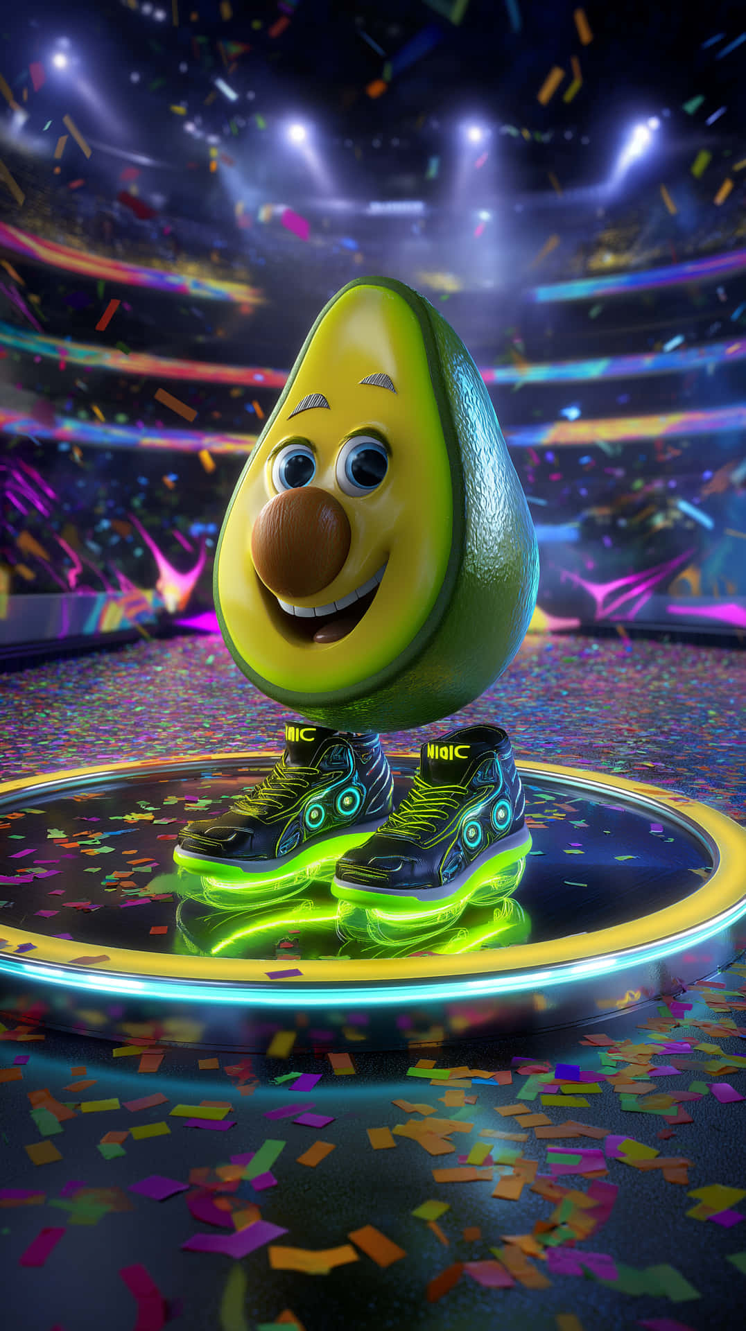 Joyful Avocado Character on a Luminous Stage 壁紙 — 一個快樂的卡通酪梨穿著發光溜冰鞋，在聚光燈下站在舞台中央，周圍有飄落的五彩紙屑。