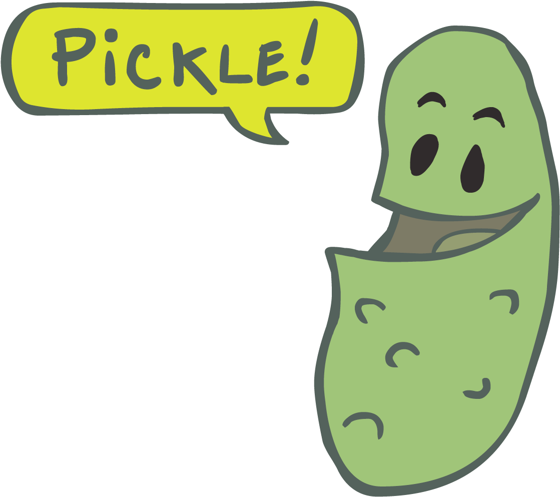 Pickle 桌布 壁紙 — 一個快樂的卡通酸黃瓜，帶著笑臉和對話框，在黑色背景上大喊 'PICKLE!'。
