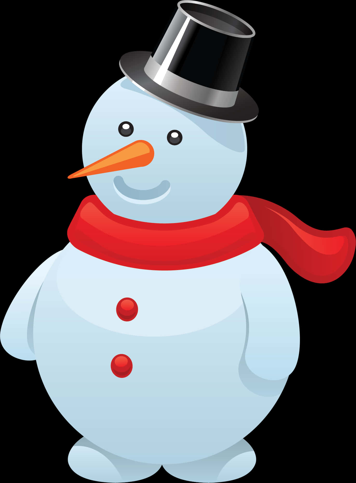 Clip Art 桌布 壁紙 — 一個快樂的卡通雪人，戴著黑色高頂帽、紅色圍巾和胡蘿蔔鼻子，站在黑色背景前。