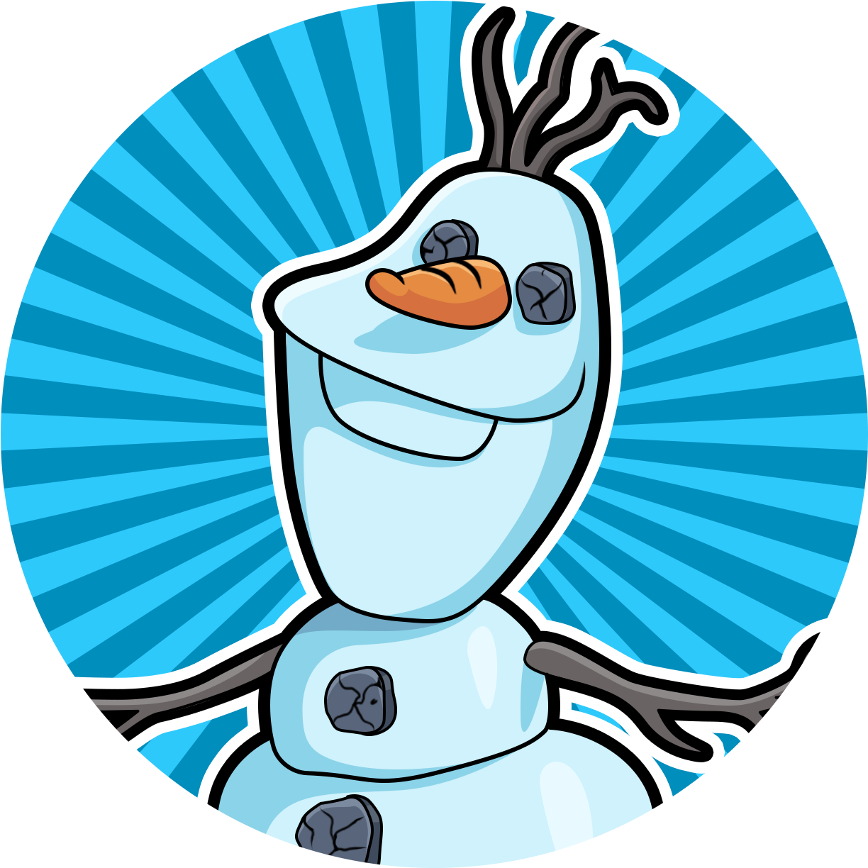雪寶 桌布 壁紙 — 一個快樂的卡通雪人，有胡蘿蔔鼻子和煤炭眼睛，在充滿活力的藍色陽光爆發背景上微笑。