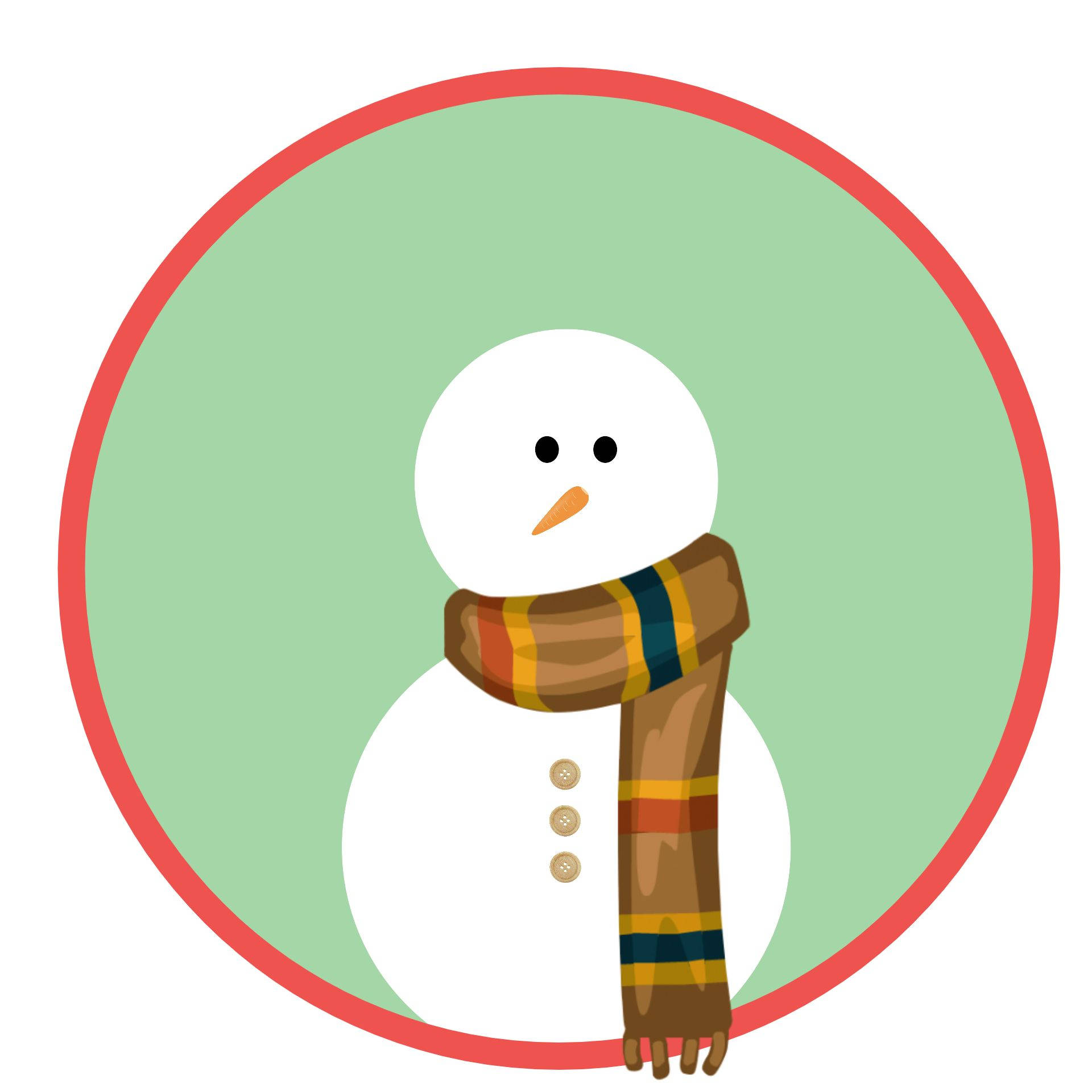 一個卡通雪人戴著條紋圍巾，在綠色背景上的紅色圓圈內。 — 雪人 壁紙