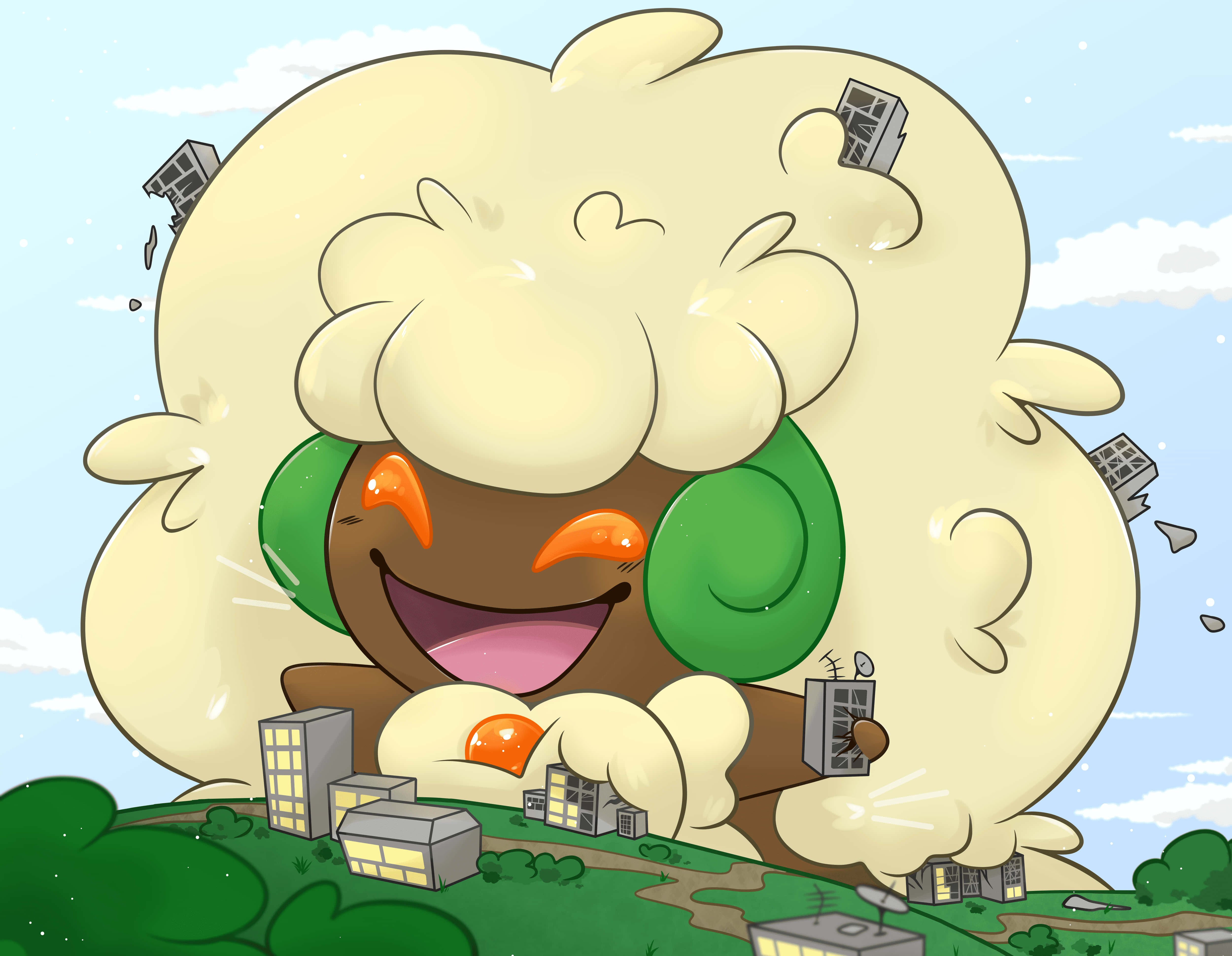 寶可夢 桌布 壁紙 — 一個快樂的卡通雲朵生物，長著綠色耳朵和橙色眼睛，拿著衛星天線愉快地摧毀建築物。