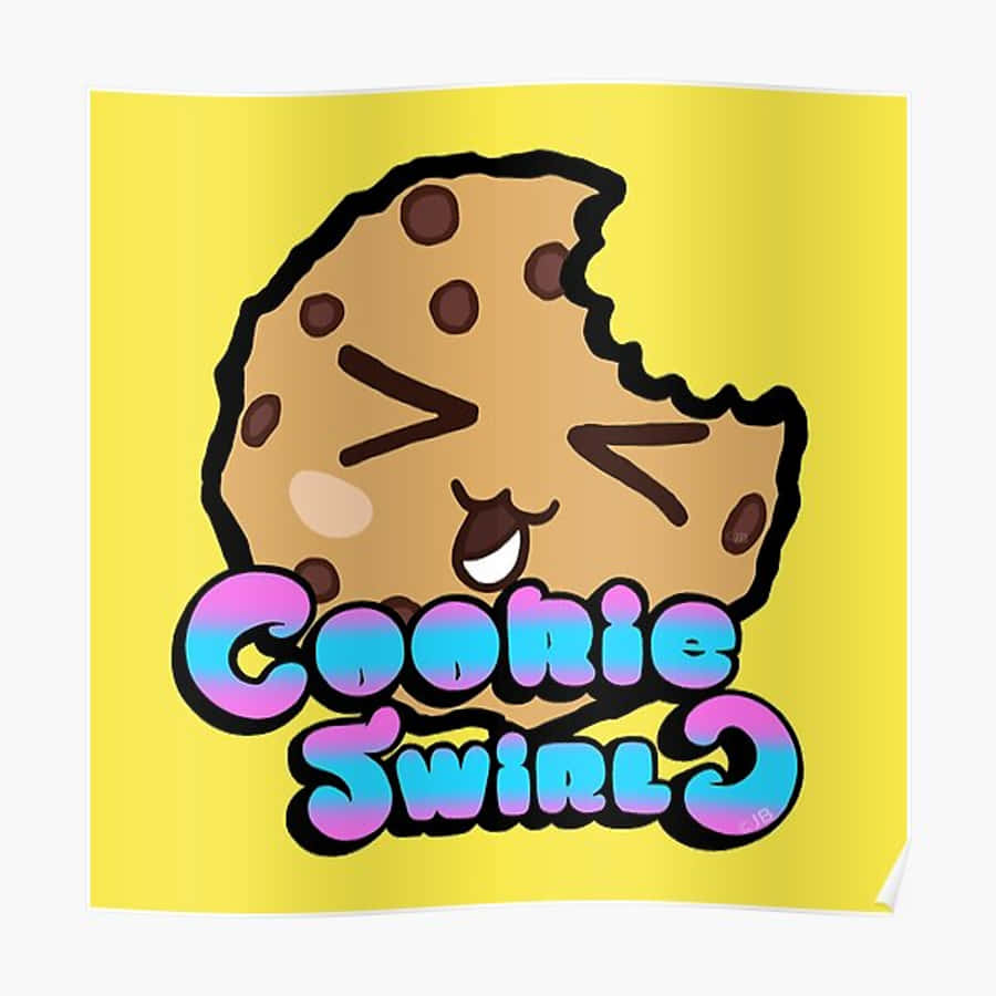 Cookie Swirl C 桌布 壁紙 — 一個快樂的卡通餅乾，帶有咬痕和眨眼眼睛，在明亮的黃色背景上，微笑在彩色漸變文字Cookie Swirl上方。