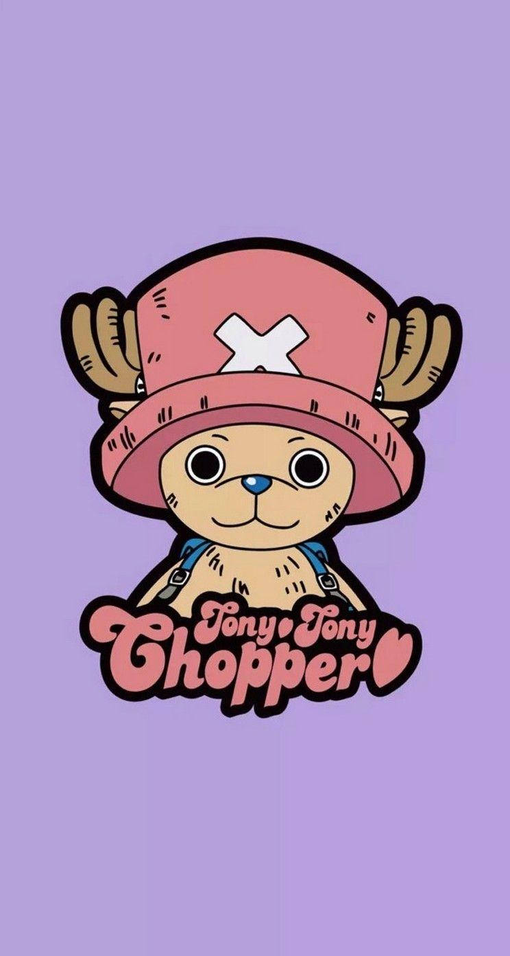 One Piece Phone 桌布 壁紙 — 一個快樂的卡通馴鹿角色，戴著帶有X的粉紅色帽子和藍色吊帶褲，背景是純薰衣草色。