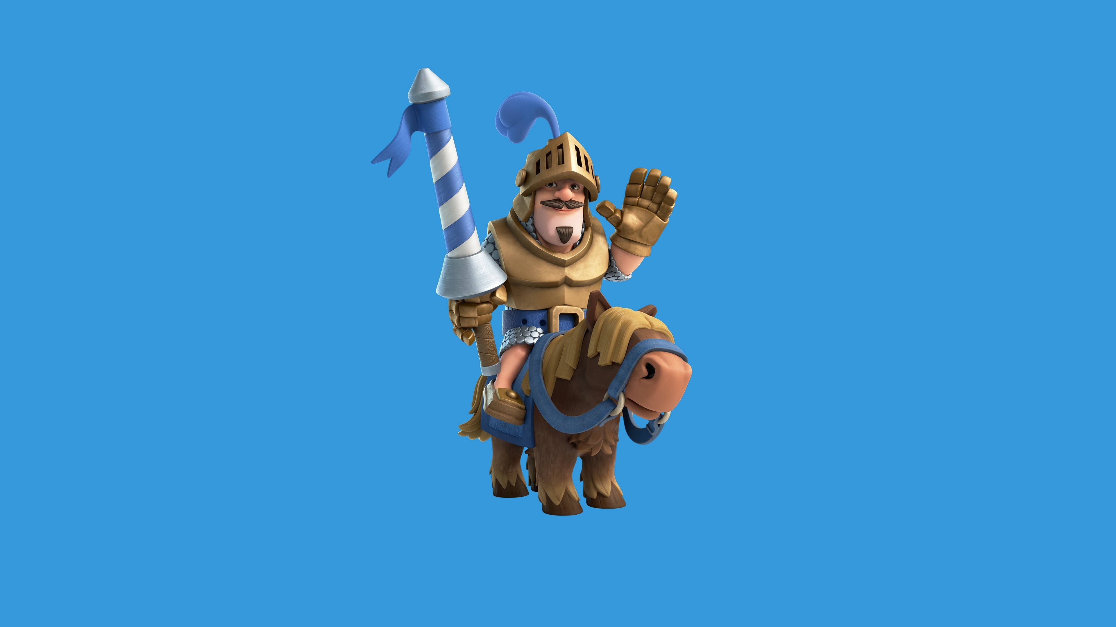 Clash Royale 桌布 壁紙 — 一個快樂的卡通騎士穿著金色盔甲騎著一匹棕色的馬，揮手打招呼，同時手持藍白條紋長矛，背景為純藍色。