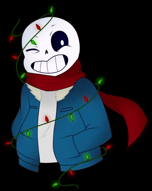 Undertale 桌布 壁紙 — 一個快樂的卡通骷髏，戴著紅色圍巾和藍色外套，被發光的紅色和綠色聖誕燈飾包裹著，背景是黑色。